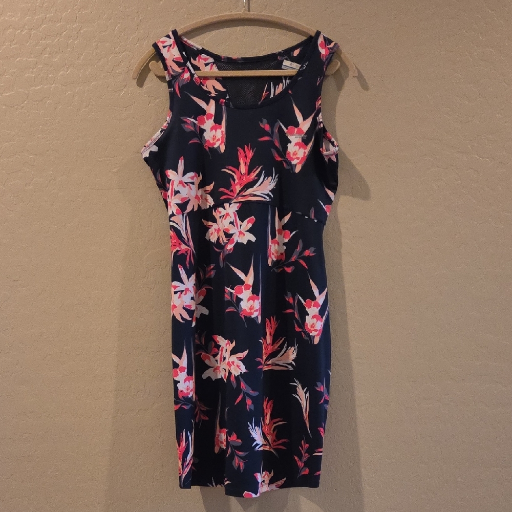 Columbia Navy Floral Sleeveless Midi Dress with Pink Accents